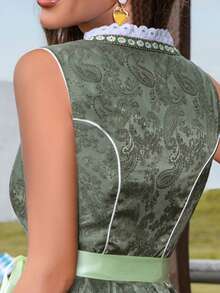 Bayerisches Oktoberfest Damen Set - olivgrünes Jacquard Trägerkleid mit bestickter Spitzenlatze, geeignet für deutsches Bierfest, Dienstmädchenkostüm, Cosplay und mehr - Armeegrün - Übersicht 4