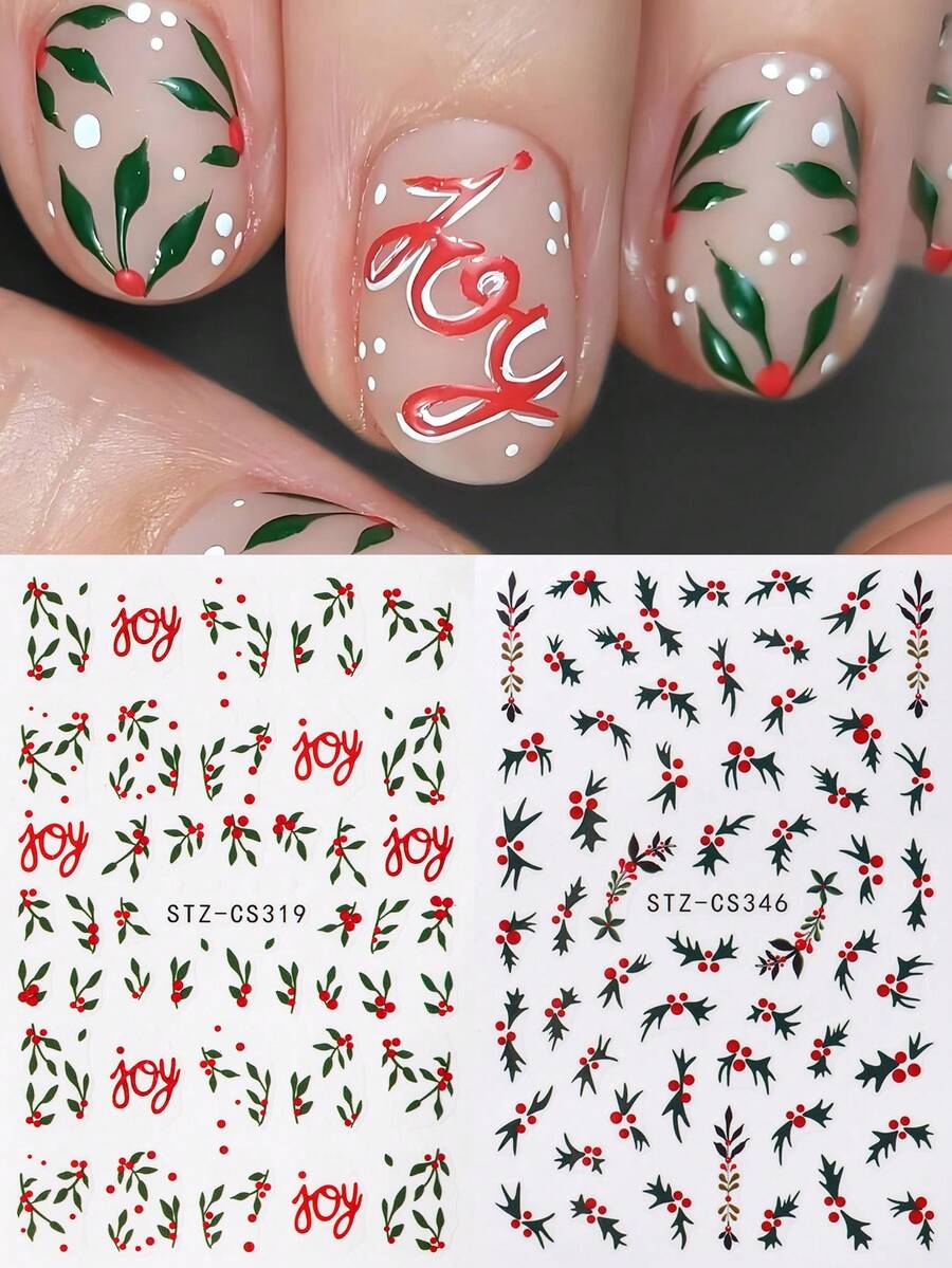 2pcs Christmas Nails Art Stickers Green Holly Vine Red JOY Xmas Nails Decals For Winter Nail Art Decoration, Self Adhesive New Year Nail Supplies For Women And Girls - Multicolor - View 1