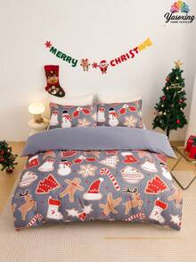 2/3pcs Grey Christmas Snowflake Gift Gingerbread Man Pattern Reversible Color Duvet Cover Bedding Set, Soft Breatheable Wrink-Free Better For Sleep, Luxury Hotel Style, Gift For Mom Dad Friend, Quilt Comforter Duvet Cover*1 Pillowcase*1/2 King Queen Full Twin Size.Gender Neutral Christmas Atmosphere - Grey - View 4