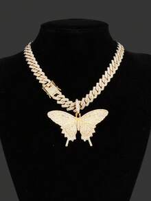 Classic Fashion Butterfly Rhinestone Pendant Necklace On Cuban Chain, Suitable For Women's Party, Music Festival Wear, And As Holiday Gift For Friends