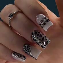 Short Press On Nails Square Fake Nails With Black Leopard Print Design Glue On Nails Gray False Nails Glitter Glossy Full Cover Stick On Nails Winter Acrylic Nails Press Ons For Women Manicure 24Pcs - Gray - 查看 1