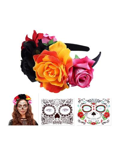 1 szt. damska opaska na głowę z motywem Halloween, czarno-czerwono-pomarańczowa, poliestrowa, różana, meksykańska spinka do włosów, boho, poliestrowa, sztuczna opaska na głowę z kwiatowym wzorem, romantyczna, ślubna, ciążowa, z naklejką na twarz, opaska na głowę z opaską