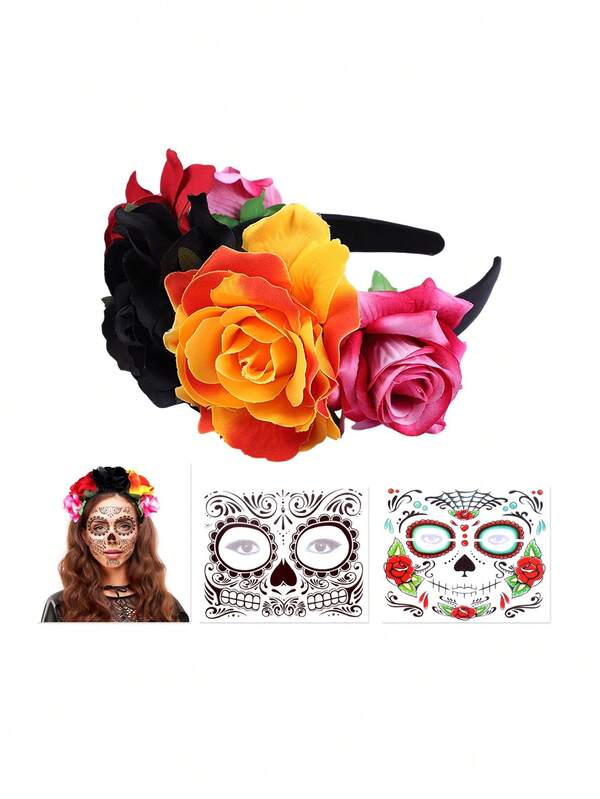 1pc Women Halloween Cosplay Headband, Black Red Orange Polyester Rose Flower Headpiece, Mexican Hair Clip, Boho Beach Holiday Polyester Artificial Flower Headband, Romantic Bridal Maternity Photo Prop With Face Sticker, Hair Hoop