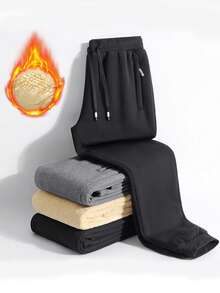 Men's Casual Loose Fit Thermal Lined Drawstring Waist Pants, Simple And Fashionable Style Suitable For Daily Wear And Sports, Made Of Soft And Stretchy Knit Fabric, An Excellent Gift For Boyfriend, Husband Or Family Member, Embodying Minimalist Chic Aesthetics. - Black - View 6
