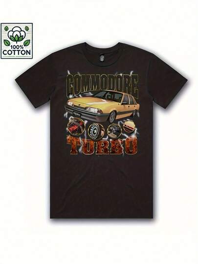 Men'S Vintage Vl Turbo Commodore Pattern T-Shirt - Black Vintage Car Flame And Engine Detail Design, Regular Short Sleeve T-Shirt, All Seasons High Stretch Casual