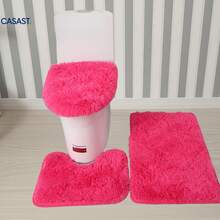 Juego completo para baño 3 en 1: cubierta de inodoro + alfombrilla + reposapiés de felpa, alfombra para baño, diseño cómodo y decorativo - azul claro - Ver 10