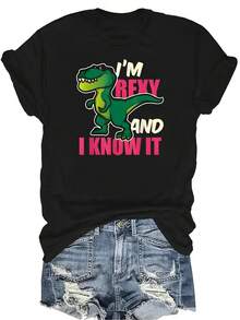Camiseta con estampado de dinosaurio elegante para mujer y unisex, de verano, casual, transpirable y de personalidad, de cuello redondo y manga corta, versátil y adecuada para adolescentes y adultos - Negro - Ver 1