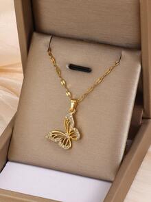 1 pieza Collar de acero inoxidable con colgante de mariposa, estilo dulce y sencillo, al estilo de Europa y América, adecuado para niñas, niños, familia y amigos, para decoración diaria, accesorios para fiestas en la playa, vacaciones y regreso a la escuela, regalo de joyería fina - Dorado - Ver 2