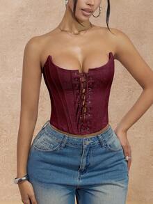 Apperloth 性感系带露脐抹胸上衣，花卉刺绣，金属孔眼，不对称设计，钢骨塑形露脐上衣，万圣节女装 - 酒紅色 - 查看 4