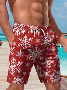 Christmas Men 3D Print Casual Beach Shorts - Quick Dry, Drawstring Waist, Perfect For Summer Outings