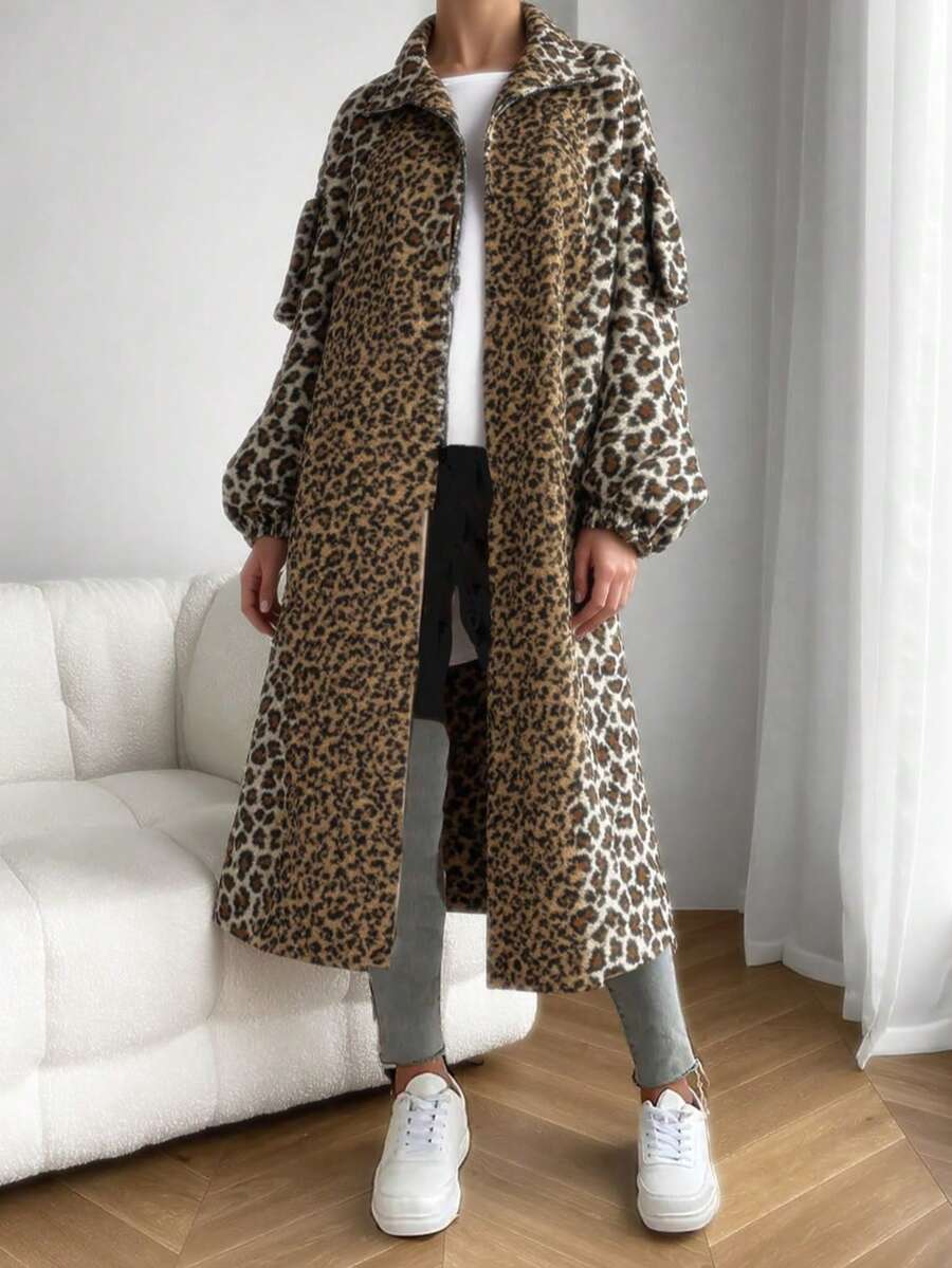 女式宽松豹纹翻领拉链长款冬季外套 - 彩色 - 查看 1