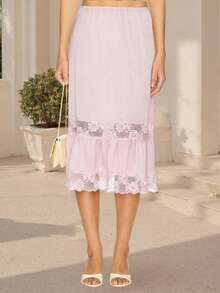 Women's Lace Slip Midi Skirt Fashionable Casual Solid Color Elastic Low Waist Pajamas Skirts - Pink - View 5