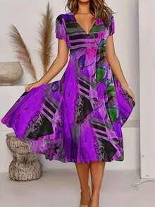 Rochie midi din jerseu simplu, evazată, cu mânecă scurtă, decolteu în V, model mixt colorat, 15605