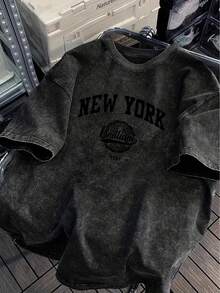 1PCS Men's Heavyweight 230g/M²% Cotton Loose T-Shirt - Round Neck Short Sleeve Casual Bohemian Style With New York Pattern Print And Vintage Letters, Available In Plus Sizes, All-Season Comfortable, Machine Washable Casual Clothing (Large And Tall Sizes) - Suitable For Layering And Daily Matching - Black/White/Grey/Navy Blue/Red/Brown, Geometric And Text Designs, Adult Relaxed Fit, Street Style, Breathable Material, Durable Construction-Premium Cotton Graphic Printed Round Neck T-Shirts-365T