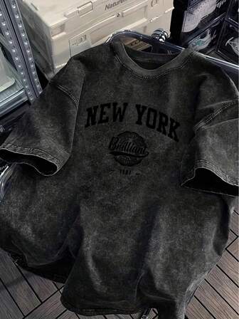 1PCS Men's Heavyweight 230g/M²% Cotton Loose T-Shirt - Round Neck Short Sleeve Casual Bohemian Style With New York Pattern Print And Vintage Letters, Available In Plus Sizes, All-Season Comfortable, Machine Washable Casual Clothing (Large And Tall Sizes) - Suitable For Layering And Daily Matching - Black/White/Grey/Navy Blue/Red/Brown, Geometric And Text Designs, Adult Relaxed Fit, Street Style, Breathable Material, Durable Construction-Premium Cotton Graphic Printed Round Neck T-Shirts-365T