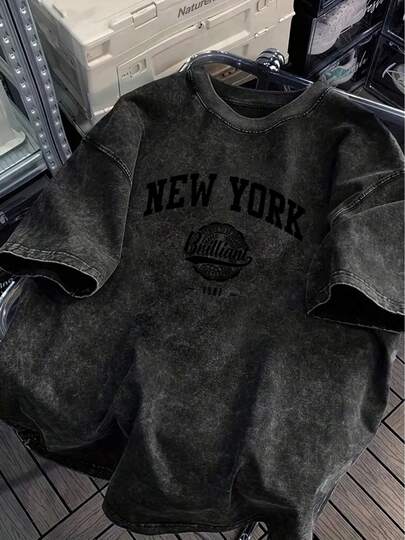 1PCS Men's Heavyweight 230g/M²% Cotton Loose T-Shirt - Round Neck Short Sleeve Casual Bohemian Style With New York Pattern Print And Vintage Letters, Available In Plus Sizes, All-Season Comfortable, Machine Washable Casual Clothing (Large And Tall Sizes) - Suitable For Layering And Daily Matching - Black/White/Grey/Navy Blue/Red/Brown, Geometric And Text Designs, Adult Relaxed Fit, Street Style, Breathable Material, Durable Construction-Premium Cotton Graphic Printed Round Neck T-Shirts-365T