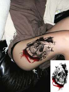 1pc Fashionable Skull Temporary Tattoo, Multipurpose Unisex One-Time Tattoo Sticker, Easy To Apply And Remove, Suitable For Body Art Fake Tattoo Stickers For Men And Women, Ideal For Halloween Party Art Decoration DIY Gift Stickers