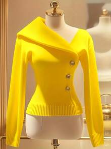 Women's Elegant Casual Knit Pullover Sweater With Large Lapel, Single-Breasted Metal Button Design, Comfortable Solid Color Ribbed Asymmetric/Asymmetrical Hem, Autumn/Winter - Yellow - View 1