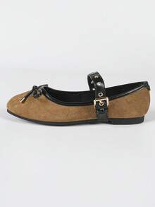 Women's French Retro Mary Jane Flats Contrast Color Buckle Shoes - Camel - View 6