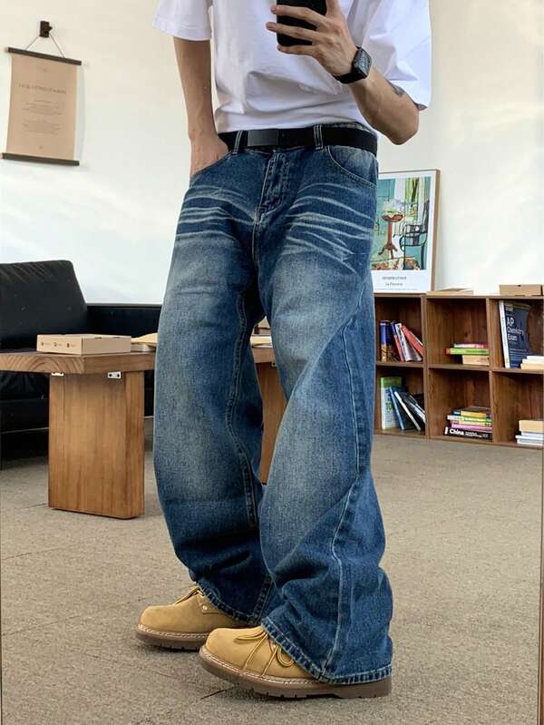 Herren Loose Straight Leg Vintage Washed Lässig Jeans, Straßen-Stil, College-Look, Ganzjährig