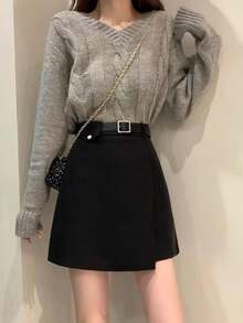 不对称设计羊毛 A 字高腰中长裙 - 黑色 - 查看 5