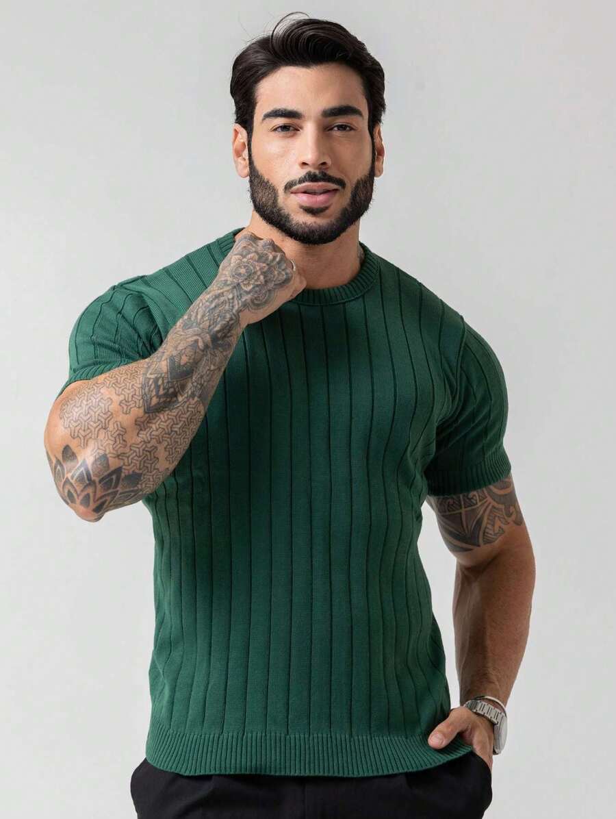 Men's Textured Lightweight Knit T-Shirt, High Quality Premium Spring Summer 26 - Green - View 1
