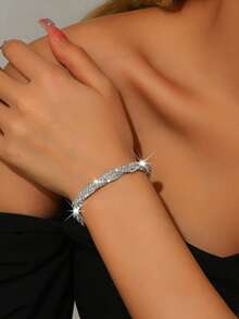 1 pieza Brazalete de fiesta de noche con decoración de strass trenzado y brillo - Plateado - Ver 4