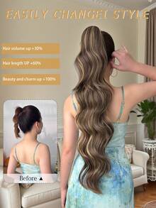 30英寸棕色自然波浪夹式马尾假发，柔软自然，耐热合成纤维，适合女性日常佩戴 - 挑染棕色 - 查看 3