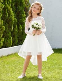 Flower Girl Long Sleeve Lace Tutu Dress High Low Hem Flowy Formal Wedding Party Dress - 白色 - 查看 3