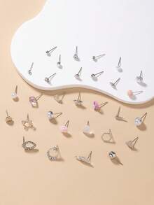 30pcs/Set Cute Bow, Flower, Heart, Shell, Rhinestone Stud Earrings, Fashionable Multi-Style Metal Faux Pearl Jewelry Gift Set For Women, Suitable For Daily, Holiday, Casual Wear - Silver - View 4