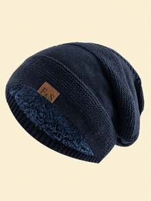 JZML 1pc Unisex Letter Label Decor Plush Lined Slouchy Beanie - Navy Blue - View 4