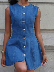 Mima John 女式牛仔无袖休闲修身迷你连衣裙，蓝色，7 月 4 日服装，毕业礼服，毕业服装，女士优雅服装，女士巡航服装，女士早午餐服装，女士毕业礼服，旧钱 - 中等水洗藍 - 查看 4