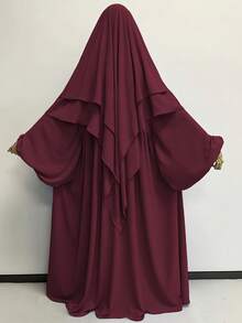 1 Set Soft Double-Layer Solid Color Hijabs Headscarf With Tie Design + Muslim Abaya Dress With Pleated Front Design, Classic Versatile Abaya Jilbab, Suitable For All Seasons, Casual, Cute, Elegant, Made Of Polyester