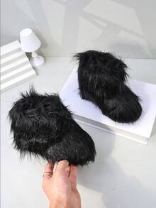 儿童雪地靴，厚底保暖内衬踝靴，适合幼儿/小孩，男女通用，秋冬 - 黑色 - 查看 3