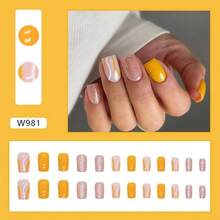 Press On Nails: Short Square Glitter Glossy Glue On False Nails With Yellow Swirl Design - 24pcs Reusable Acrylic Nails For Women's Manicure - 黃色 - 查看 2