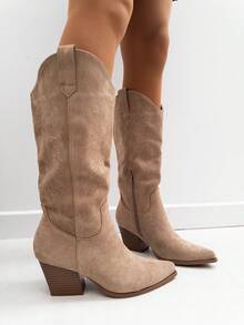 VIKIVIKI SHOES Women's Cowboy Boots With A High Shaft, Decorative Western-Style Embroidery, Elegant And Modern Design With A Wide Heel That Stylizes And Ensures Comfort Throughout The Day, A Versatile Model Ideal To Combine With Dresses, Skirts Or Skinny Jeans, Perfect For The Fall And Winter Season, Providing A Sophisticated, Daring And Modern Air To Any Daily Look Or Special Occasion. Estimated Delivery: 1-3 Business Days (Peninsula). - 卡其色 - 查看 2