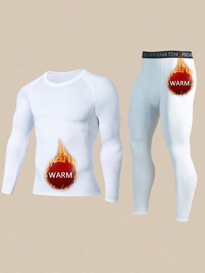 Winter Thermal Fleece Sports Suit For Men, Tight Compression Fitness Clothing, Quick Dry Warm Base Layer Tops And Leggings White