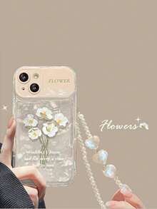 Shell Pattern Glitter Card + Heart Bracelet + Makeup Mirror + Floral TPU Phone Case Compatible With IPhone 11/12/13/14/14/15/15Pro/15Promax