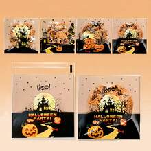 100 túi đựng kẹo ăn vặt phong cách Halloween, túi đựng kẹo tự dính hình lâu đài hoạt hình dễ thương, ma, mèo, bí ngô, túi đựng quà tặng tiệc Halloween - Nhiều màu - Xem 6