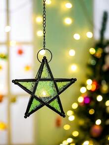 European Retro Style Color Windproof Glass Candle Holder, Pentagram Iron Hanging Embossed Glass Candle Holder ( Candles Not Included ), Holiday Atmosphere Atmosphere Home Decoration Pendant Glass Star Lantern Hanging Ornaments - Tea Light Lantern Window Hangings Living Room Patio Balcony Decoration Vintage
