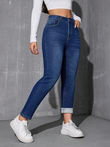 Warm Skinny Denim Ankle Pants For Winter - Blue - View 3