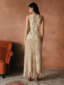 Savoree 女士优雅浪漫刺绣流苏鱼尾纹理连衣裙，适合鸡尾酒会、约会、春夏季 - 查看 3