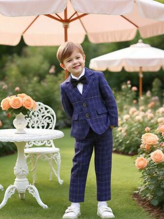 三件套男童西装套装，男童正式礼服套装，适合婚礼、生日、钢琴演奏会等场合，包含外套、裤子和领结，秋冬季款。