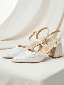 新款尖头白色亮片粗跟女鞋，圣诞节冬季圣诞礼物 - 白色 - 查看 6