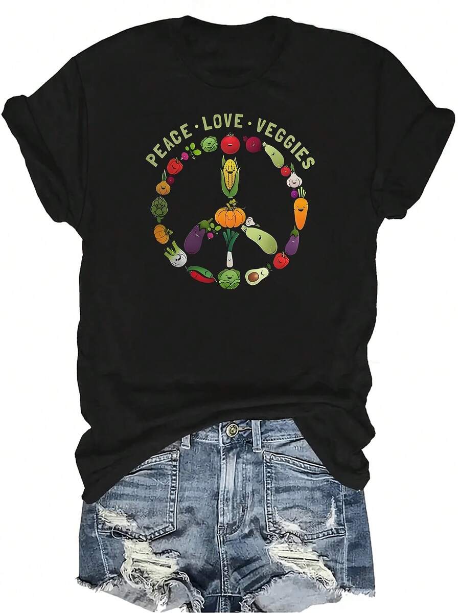 Camiseta con tema de arte de verduras divertido para vegetarianos hombres, mujeres y unisex, de verano, casual, transpirable, de personalidad, de cuello redondo, de manga corta, ropa de calle, versátil, adecuada para adolescentes y adultos - Negro - Ver 1