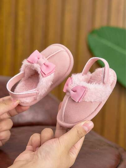 Zapatos para niñas recién nacidas de 0 a 1 año, zapatillas de casa con y lazo, suela blanda y adorable forro de peluche, para otoño/invierno