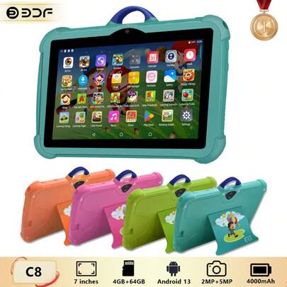 4GB RAM+64GB ROM/7-Inch Children's Tablet/4-Core 1.3GHz/Android 13 MTK8321/1280x800 IPS High-Definition Resolution IPS Screen/2MP+5MP Camera/4000mAh Large Battery/Supports WiFi Parental Control Educational Games/Uses ABS Plastic+Silicone BDF C8 Children's Education Tablet (Including: Packaging Box/Data Cable/Manual/OTG/Card Needle)