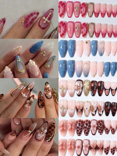 96 piezas (4 colores mezclados) Uñas postizas de gel de almendra larga con diseño de flores y puntas francesas, decoración tridimensional de cruz de aleación con diseño de perlas que se ajusta perfectamente a las uñas acrílicas falsas, incluye: 1 pieza de pegamento de gelatina y 1 pieza de lima de uñas, uñas con puntas de almendra francesas para mujer y niña para uso diario, festivales y fiestas