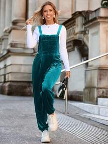 Women's Velvet Overall Jumpsuit Casual Loose Fit Overalls Adjustable Straps Dressy Romper Fall Outfits - màu xanh mòng két - Xem 5