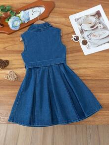 Girls' Blue Washed Denim Dress With Collar, Bronze Buttons And Fashionable Belt, Suitable For Casual Daily Wear - Blue - View 3